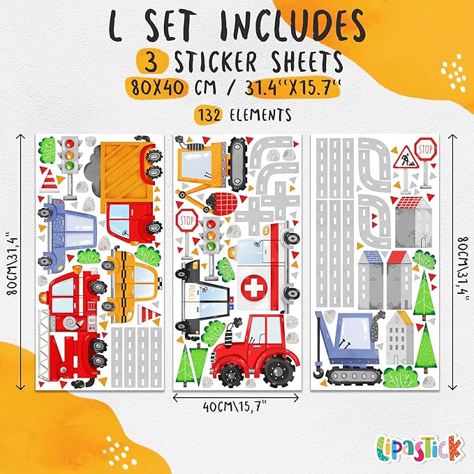 Car Wall Decals by Lipastick - Peel and Stick Transport Road Trucks Stickers for Boys Room, Toddler Bedroom, Baby Nursery, Kids Playroom, Living Room- Removable Decor - L Size