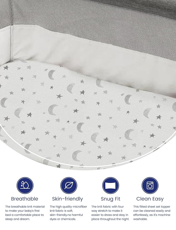 TotAha Premium Soft Pack n Play Sheets, Super Stretchy Jersey Knit Mini Crib Sheets Fitted, Silky Comfort Graco Pack and Play Mattress Sheets 2-Pack, Moon & Grey Sky