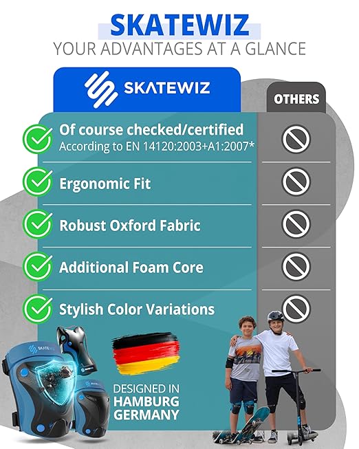 SKATEWIZ Knee and Elbow Pads Adult - Skating Protective Gear - PROTECT-1 - Size L Blue - Wrist Guards Skating Pads, Skateboard, Roller Skate, Ice Skates For Women