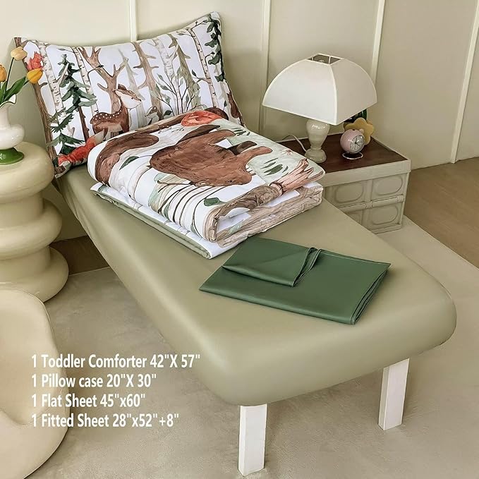 4 Pieces Woodland Animal Toddler Bedding Set, Forest Deer Bear Fox Bed Comforter Set for Boys Girls, Cute Toddler Bed Set Includes Comforter, Flat Sheet, Fitted Sheet and Pillowcase