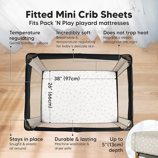 Pack and Play Sheets Fitted - 2-Pack Mini Crib Sheets for Pack N Play Mattress 38x26, Soft & Cozy, Neutral Toddler Playard Bedding, Snug Fitted Mini Baby Crib Mattress Cover Boy, Girl (Meadow)