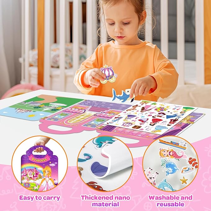 4 Sets Reusable Sticker Books for Toddler, Dress Up Stickers Book for Girls, Arts Crafts Jelly Stickers Travel Toys, Birthday and Christmas Gifts for Kids 3 4 5 6, Princess, Mermaid, Fairy Tale