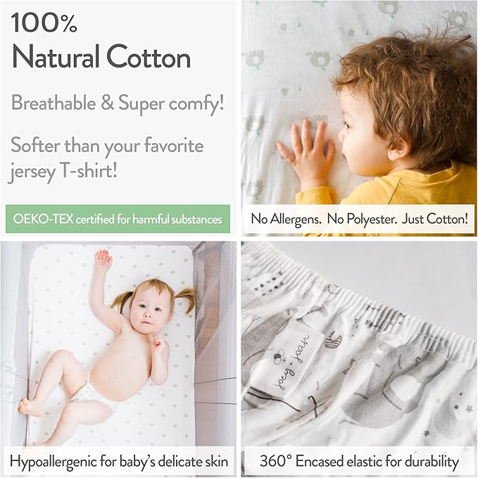 Bedside Sleeper Bassinet Sheets – Compatible with Milliard Side Sleeper – Fits 21 x 36 Mattress Without Bunching – Snuggly Soft Jersey Cotton – Grey, Mint – 2 Pack