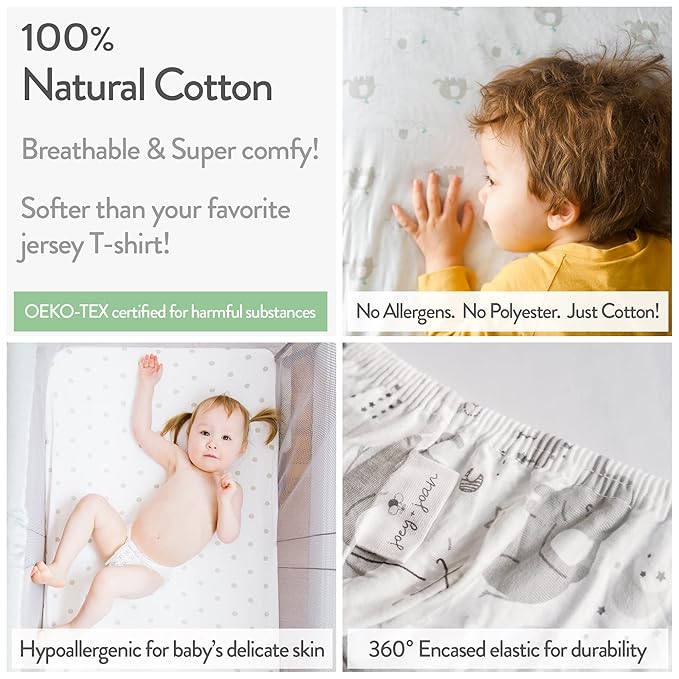 Bassinet Sheets 20x30 Inch for Graco Travel Lite Crib, Sense2Snooze, My View 4 in 1, Dream Suite and Guava Bassinet – 100% Jersey Cotton Fitted Sheets – Grey, Mint – 2 Pack