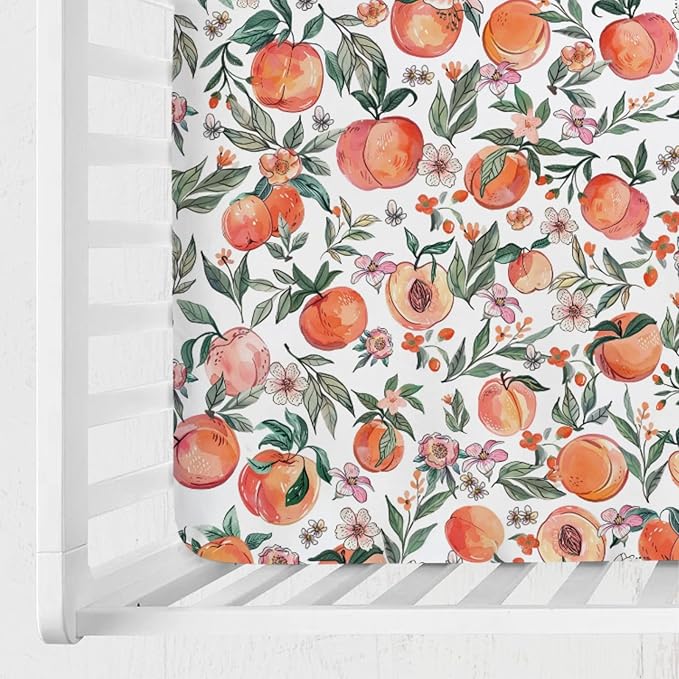 Peach Baby Crib Sheet 52''x28'' Vintage Peach Fruit Floral Leaves Stretchy Fitted Crib Mattress Covers for Boy Girl Summer Soft Baby Nursery Bed Sheets for Standard Crib and Toddler Mattresses