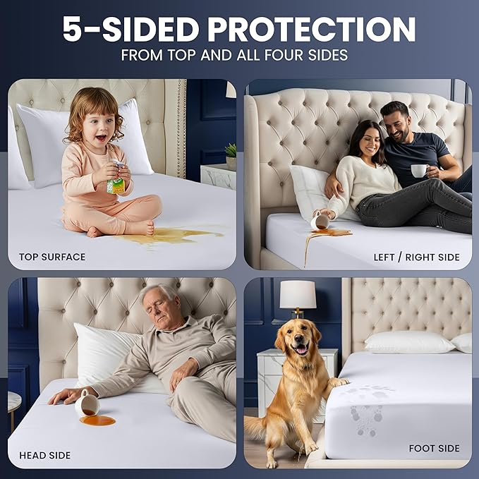 Utopia Bedding Waterproof 5-Sided Mattress Protector Queen Size, Premium Breathable Mattress Cover, Fitted Style with Stretchable Pockets (White)