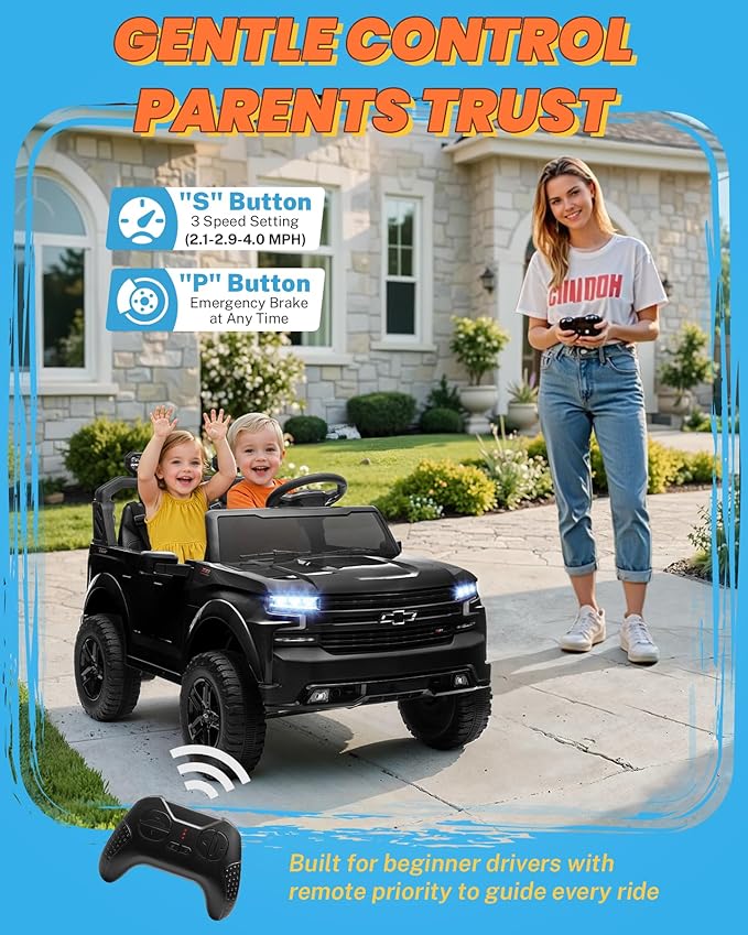 ENYOPRO 24V Ride on Toys for Big Kids, Licensed Chevy Silverado LT Trail Boss 2 Seater Ride on Car for Kids, Toddler Electric Car w/Remote Control, Safety Belt, Truck Bed, LED Lights, Bluetooth, Black