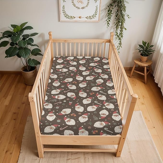 Vintage Christmas Santa Claus Baby Crib Sheets for Boy Girl 52"x28" Santa Stockings Candy Fir Cherry Soft Snug Fitted Crib Mattress Cover Winter Holiday Baby Sheet for Standard Crib & Toddler Mattress