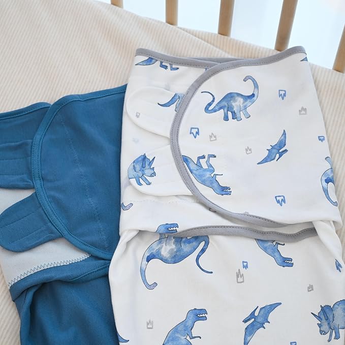 Baby Swaddles for Newborn Organic Cotton,Soft & Snug Newborn Velcro Swaddle 0-3 Months Sleep Sack Helps Calm Startle Reflex, 2-Pack Wrap Nursery Swaddling Blankets Blue Dinosaur