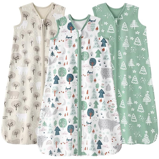 Baby Sleep Sack 6-12 months, 100% Cotton Sleeping Sack for Newborn and Infant, 3 Pack Baby Wearable Blanket for Boy and Girl, 0.5 Tog Lightweight Double Zipper Sleep Bag Green Apricot Bear
