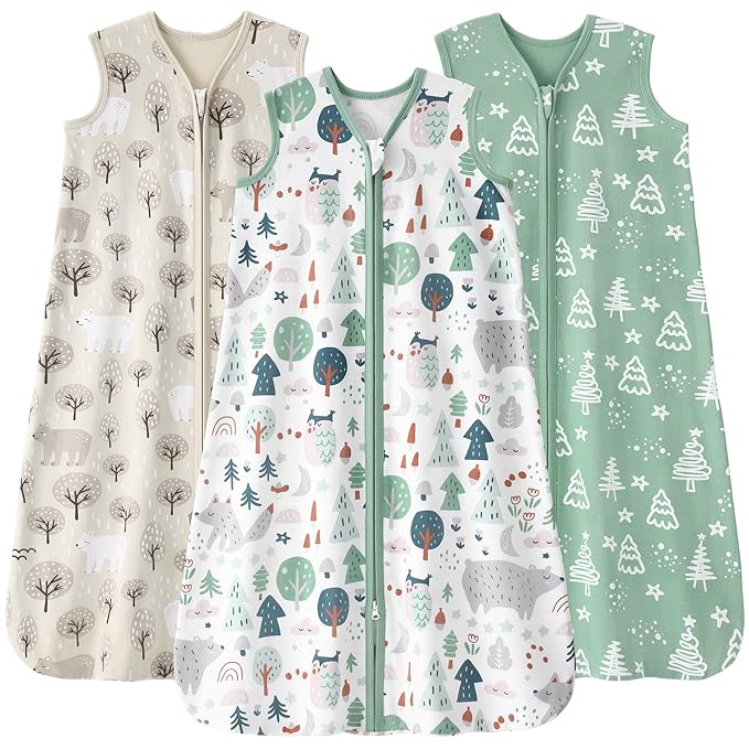 Baby Sleep Sack 18-24 months, 100% Cotton Sleeping Sack for Newborn and Infant, 3 Pack Baby Wearable Blanket for Boy and Girl, 0.5 Tog Lightweight Double Zipper Sleep Bag Green Apricot Bear