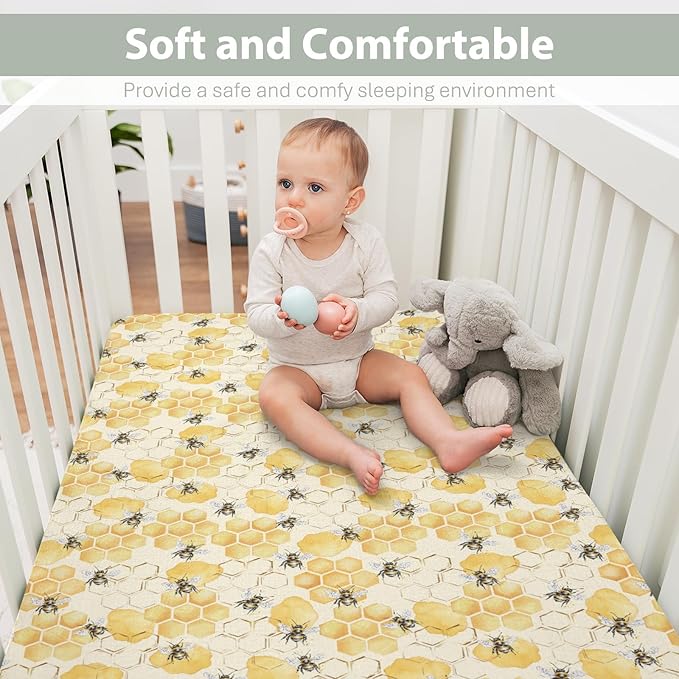 Honeycomb Bees Baby Crib Sheets for Boy Girl 52x28Inch Yellow Bee Honey Soft Stretchy Fitted Crib Mattress Covers Spring Summer Nursery Baby Sheets for Standard Crib and Toddler Bed Mattresses