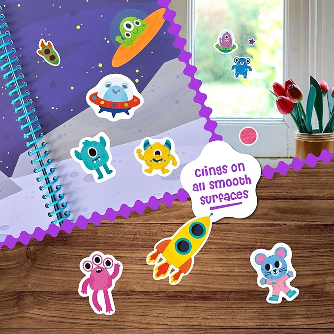 Stick4Ever Jelly Sticker Book - for Kids - Waterproof, Easy to Clean Reusable Sticker Book for Toddlers- Reusable Road Trip Activities for Kids - Stocking Stuffers for Toddlers (Space)