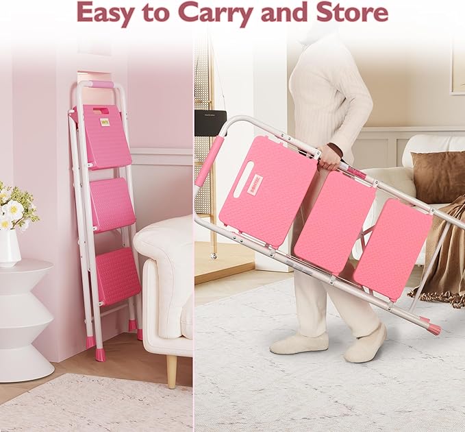 BONTEC 3-Step Ladder, Folding Step Stool, 600lbs Max Load Capacity, Sturdy Steel, Non-Slip Pedals, Lightweight, Portable Steel Ladder with Convenient Handrail, Safety Design for Home & Work, Pink