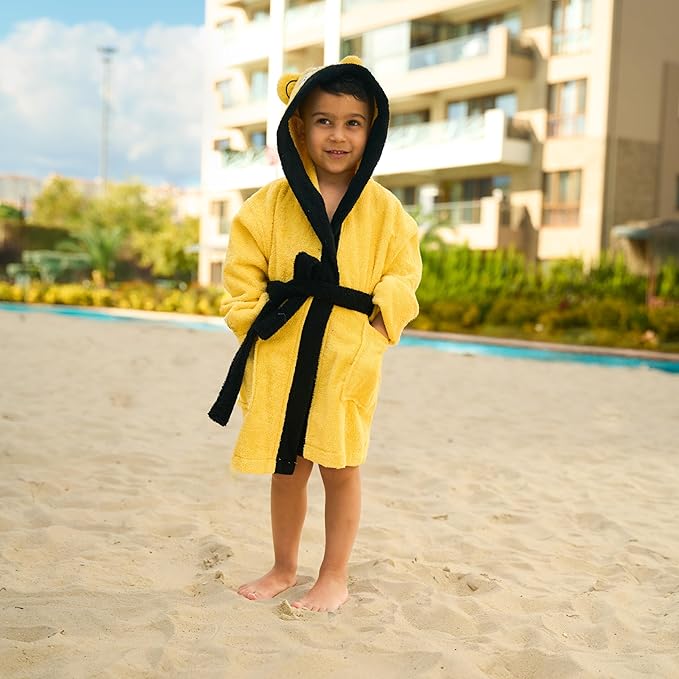 BAGNO MILANO Kids Organic Turkish Cotton Hooded Beach Cover-Up Towel, GOTS Certified, for Boys and Girls (Tiger Yellow, 7-8 Years)