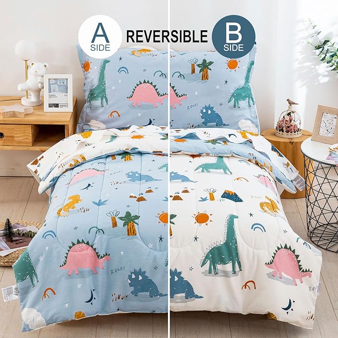 DJY 4 Pieces Cotton Toddler Bedding Set, Dinosaur Toddler Bed Comforter Set for Boys Girls, Includes Blue White Reversible Comforter, Flat Sheet, Fitted Sheet and Pillowcase