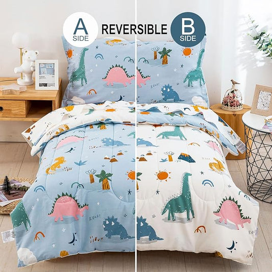 DJY 4 Pieces Cotton Toddler Bedding Set, Dinosaur Toddler Bed Comforter Set for Boys Girls, Includes Blue White Reversible Comforter, Flat Sheet, Fitted Sheet and Pillowcase