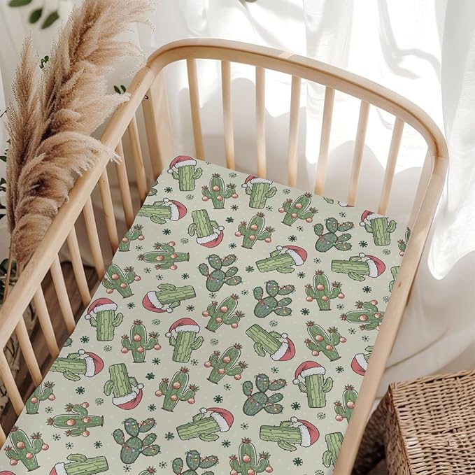 Christmas Cactus Santa Hat Baby Crib Sheets for Boy Girl 52x28Inch Green Cactus Balls Snowflakes Soft Snug Fitted Crib Mattress Cover West Desert Plant Baby Sheet for Standard Crib & Toddler Mattress