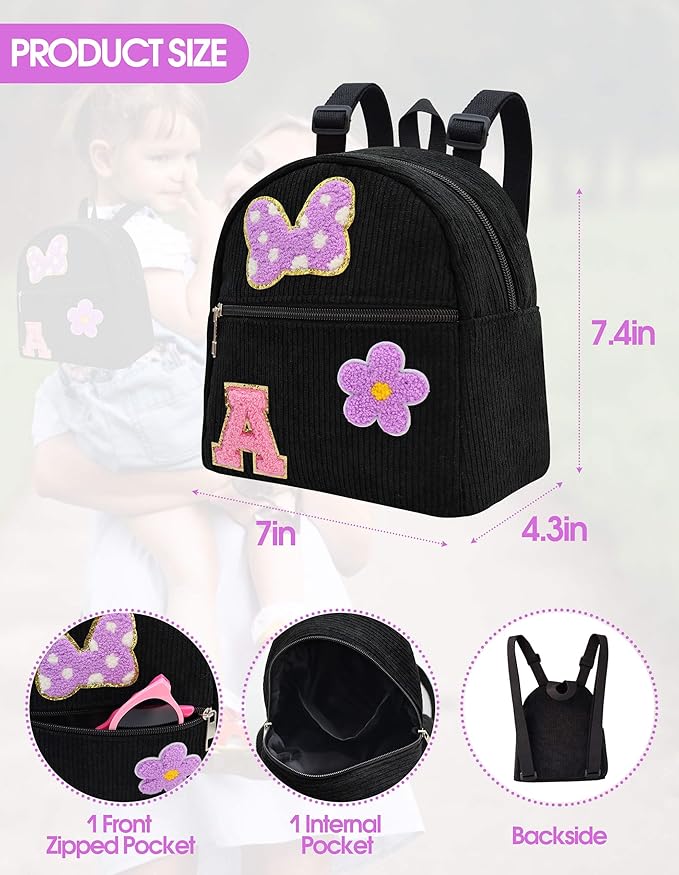 2 3 4 5 6 Year Old Girl Gifts Chenille Initial Mouse Bow Mini Backpack, Corduroy Toddler Backpacks Christmas Birthday Gifts for Girls 2-4 5-6, Black Mini Diaper Bag Must Haves for Park Travel Letter A