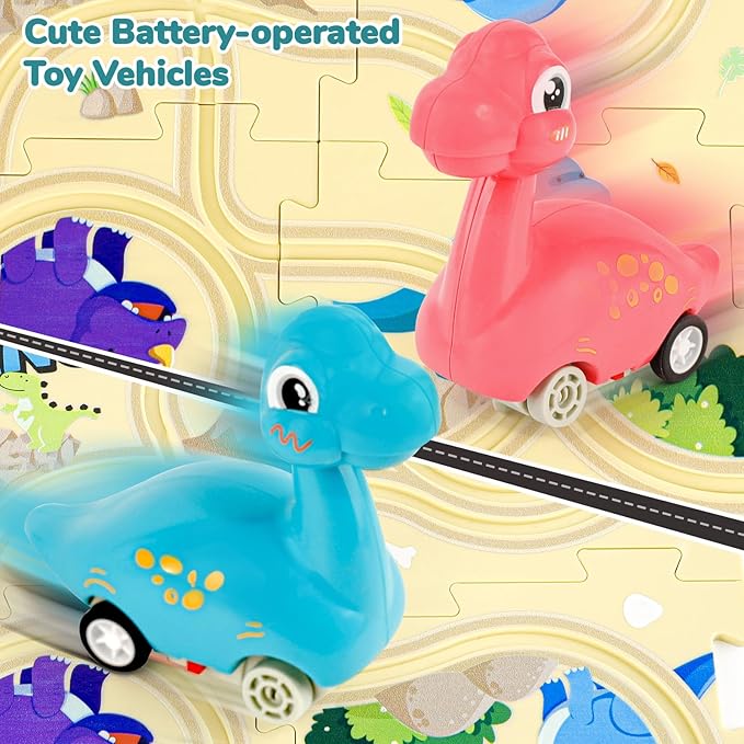 Puzzle Racer Kids Car Track Set with 2 Dino Cars, Kids Toys Boys 3-5, Toys for 3 4 5 6 Year Old Boys, Toys for Ages 3-4, Car Tracks for Toddlers, Montessori Toys for 3+ Year Old