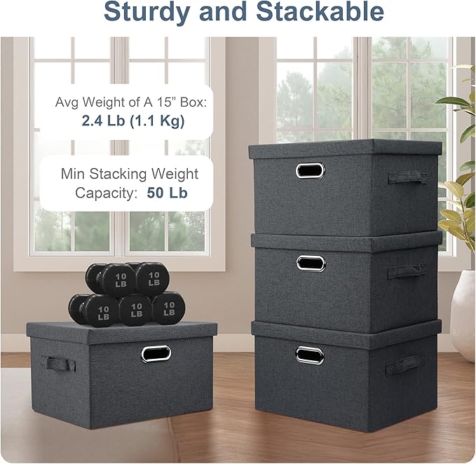 Graciadeco Medium 15" 21 Quart Collapsible Stackable Storage Bins with Lids, 5 Packs Dark Gray Foldable Fabric Closet Storage Boxes with Lids, Lidded Heavy-duty Linen Baskets(15x11x8)