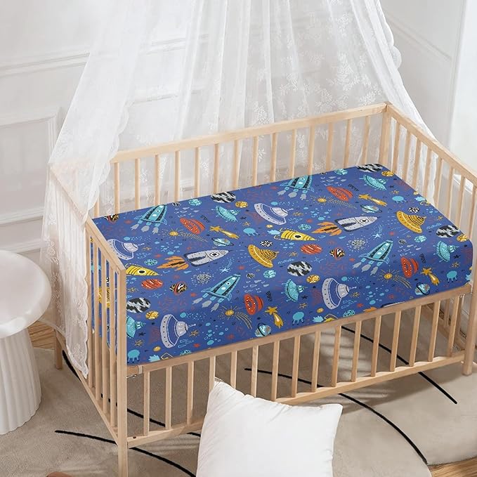 Cartoon Rockets Planets Stars Comets and UFOs Fitted Crib Sheet Astronaut Space Galaxy Baby Crib Sheet Fit Standard Crib and Toddler Mattress,Crib Mattress Sheets for Boys Girls 28"x52"