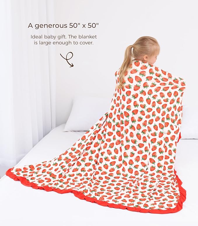 Premium Baby Blankets, Soft Viscose from Bamboo Blanket for Girls, Nursery Crib Bedding Quilt for Newborn and Toddler, Ruffle Blanket Cooling for Hot Sleepers, 50''x50'' Strawberry