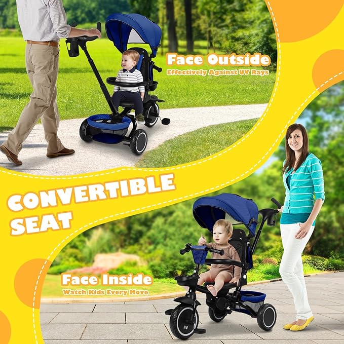 Folding Kids Tricycle, 8 in 1 Baby Trike W/Removable & Adjustable Canopy, Parent Handle, 5-Piont Safety Harness, Toddler Bike Stroller for Kids 1-6 Years, EVA Wheels, Storage Basket, Blue
