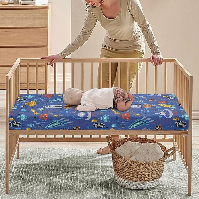 Cartoon Rockets Planets Stars Comets and UFOs Fitted Crib Sheet Astronaut Space Galaxy Baby Crib Sheet Fit Standard Crib and Toddler Mattress,Crib Mattress Sheets for Boys Girls 28"x52"