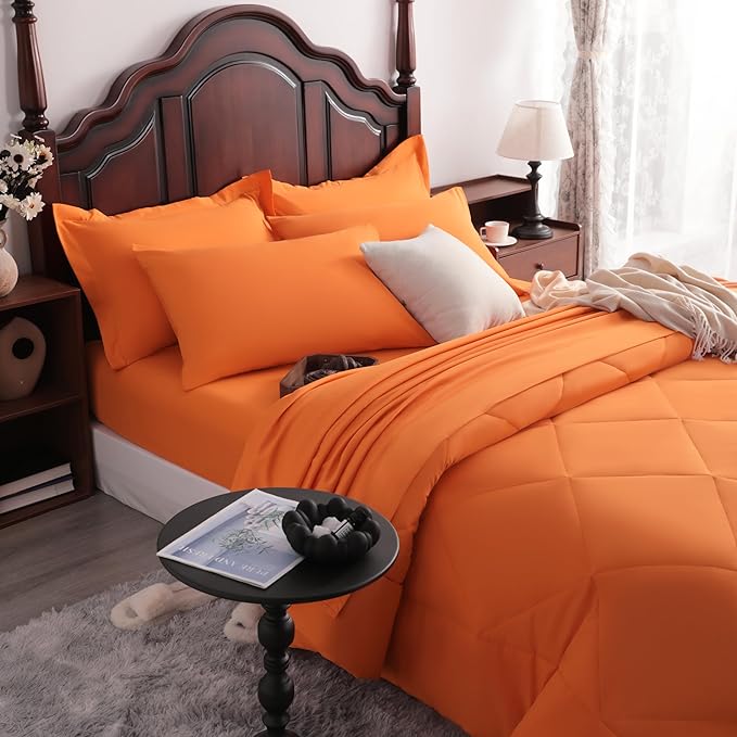 NTBAY Queen Comforter Set with Sheets, 7 Pieces Soft and Breathable Queen Bedding Set, Bed in a Bag, Down Alternative Comforter Set Solid Color All Season, Queen Bedding Set, Orange