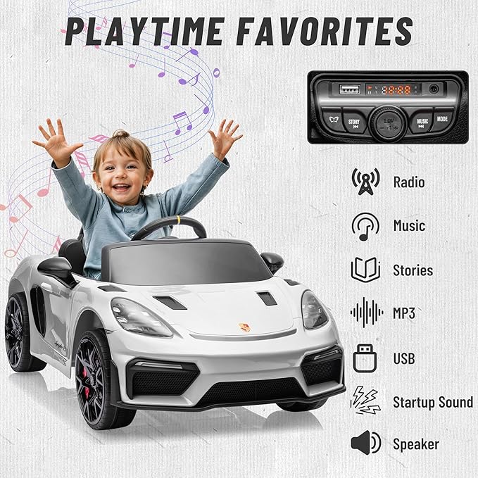 First Ride On 12V Ride on Car for Kids, Licensed Porsche 718 Spyder Battery Powered Ride on Toy, Child Electric Car w/Music, USB, MP3, Bluetooth, 3 Speeds, Wheels Suspension, Led Lights (White)