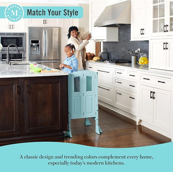 Martha Stewart Kitchen Helper ® Toddler Tower by Guidecraft - Taupe: Kids' Wood, Foldable, Adjustable Height Platform | Safe Cooking Learning Step Stool for Toddlers