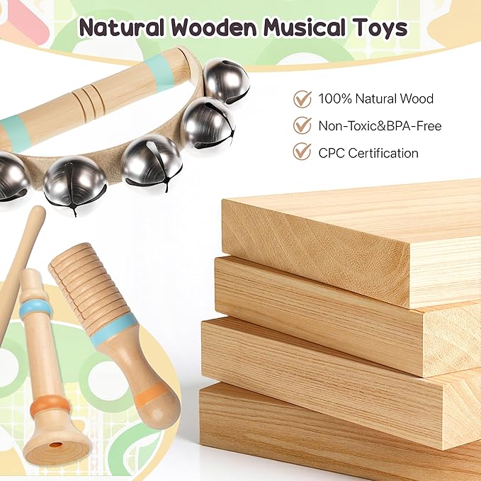 Toddler Musical Instruments-Musical Toys Montessori Wooden Toys for Toddlers 1-3 , Baby Musical Instruments with Modern Boho Xylophone Toddler Toys Birthday Gifts for Kids Preschool Educational 3+