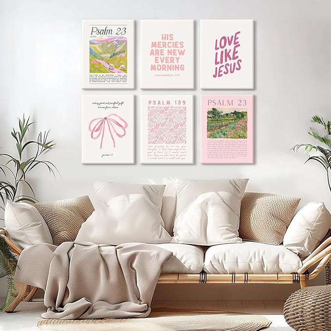 Christian Wall Art Pink Bible Verse Canvas Wall Decor Trendy Preppy Room Poster Cute Girls Scripture Pictures Decor Floral Bow Religious Prints Nursery Artwork for Bedroom 8x10x6 Inch Wrapped Canvas