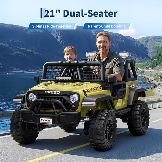 24V 2-Seater Kids Electric Truck with Parent Remote Control, 100Min Ride-on Car, 4WD Dual Motor, 2 Speeds, Spring Shock Absorber, LED Headlights, Siblings Gift Kids Electric Vehicle, Green