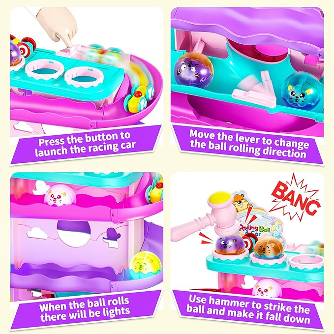 Funwee 2-in-1 Rolling Ball & Racing Car Ramp Toy for Toddlers, Race Track Hammer Lights Ball Drop, Interactive Montessori Learning Game Birthday Gift Idea for Kids 2 3 4 5+Year Old Girl Boy(Pink)