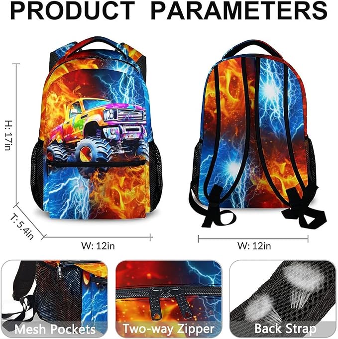 Boys Truck Backpack, Car Backpack for Kids Teens School Kindergarten Primary Middle Senior, 17 Inch Custom Large Capacity Cool Bookbag for School Travel Work