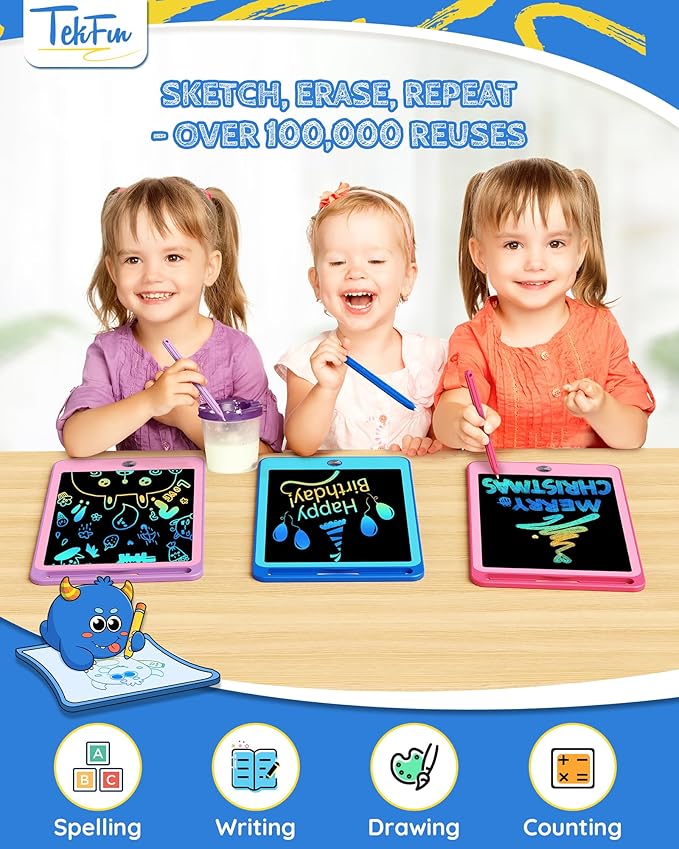 TEKFUN 3 Pack LCD Writing Tablet for Kids, 8.5 Inch Blue+Pink+Purple Doodle Board Drawing Board Reusable Drawing Tablet with Lanyard, Educational Kids
