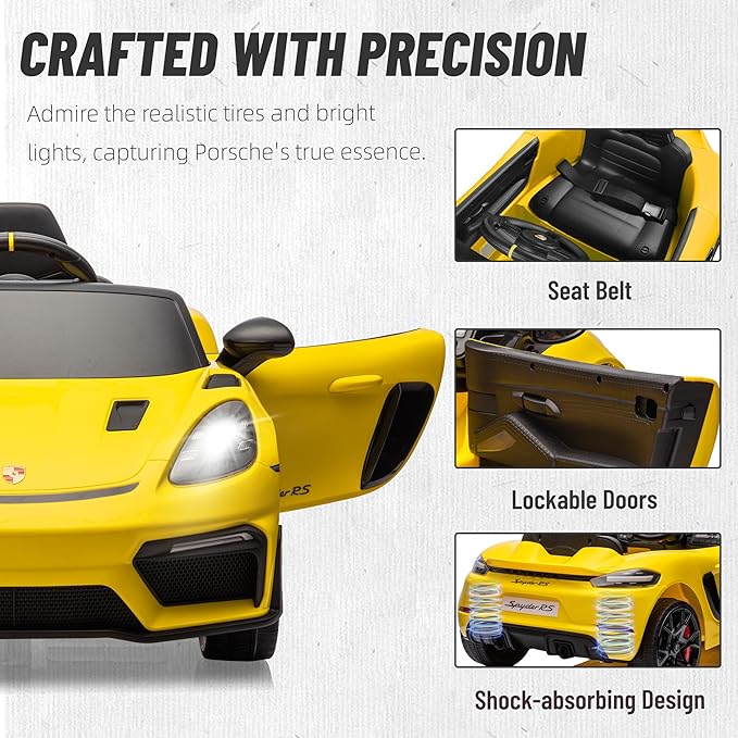 First Ride On Licensed Porsche 718 12V Ride on Toy for Kids, Ride on Car for Toddler, Child Electric Vehicle w/Parent Remote Control, 3 Speeds, Foot Pedal, Music, MP3, Led Headlights (Yellow)