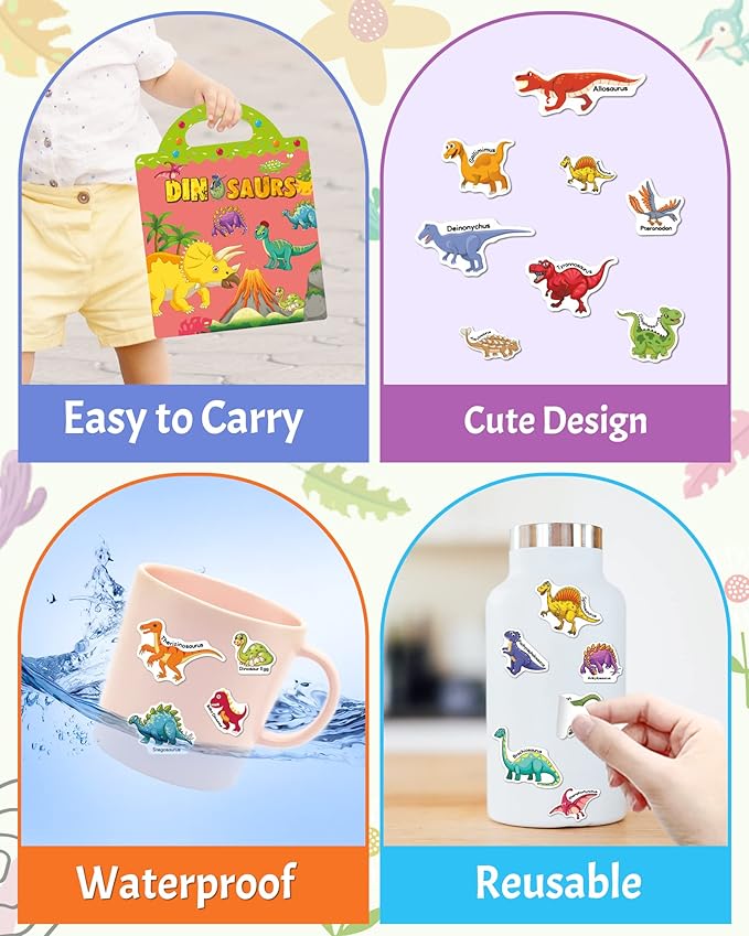 Benresive Reusable Sticker Books for Toddlers, Fun Travel Stickers for Kids, Toddler Sticker Book, Crafts Activities for Toddlers, 3 and Up Birthady Gifts - Dinosaurs