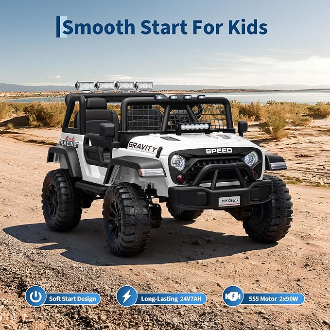 24V 2-Seater Kids Electric Truck with Parent Remote Control, 100Min Ride-on Car, 4WD Dual Motor, 2 Speeds, Spring Shock Absorber, LED Headlights, Siblings Gift Kids Electric Vehicle, White