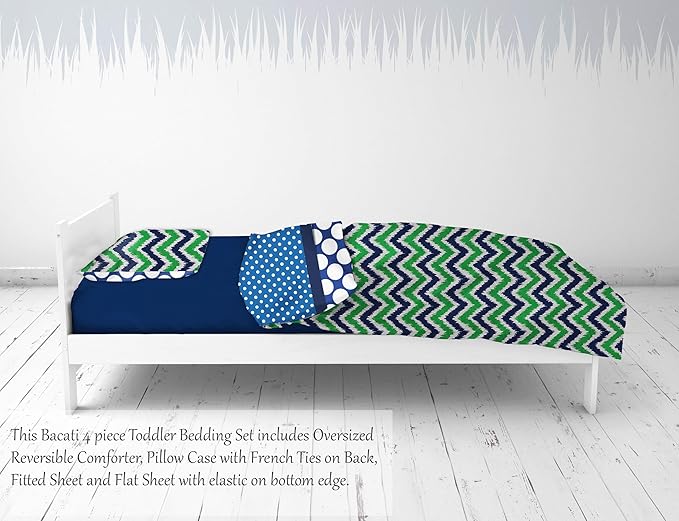 Bacati - Mix N Match 4 Pc Toddler Bedding Set 100 Percent Cotton Includes Reversible Comforter, Fitted Sheet, Top Sheet, and Pillow Case for Boys (Navy/Green)