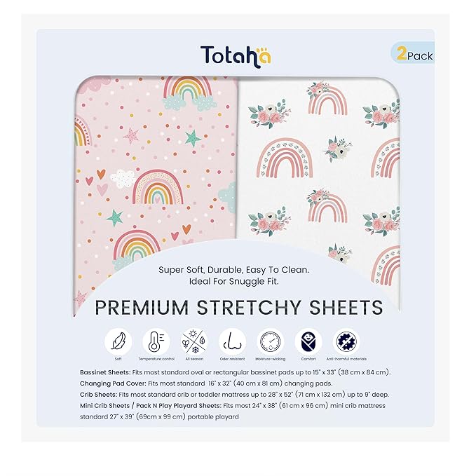TotAha Premium Soft Pack n Play Sheets, Super Stretchy Jersey Knit Mini Crib Sheets Fitted, Silky Comfort Pack and Play Mattress Sheets, 2 Pack (Rainbow)