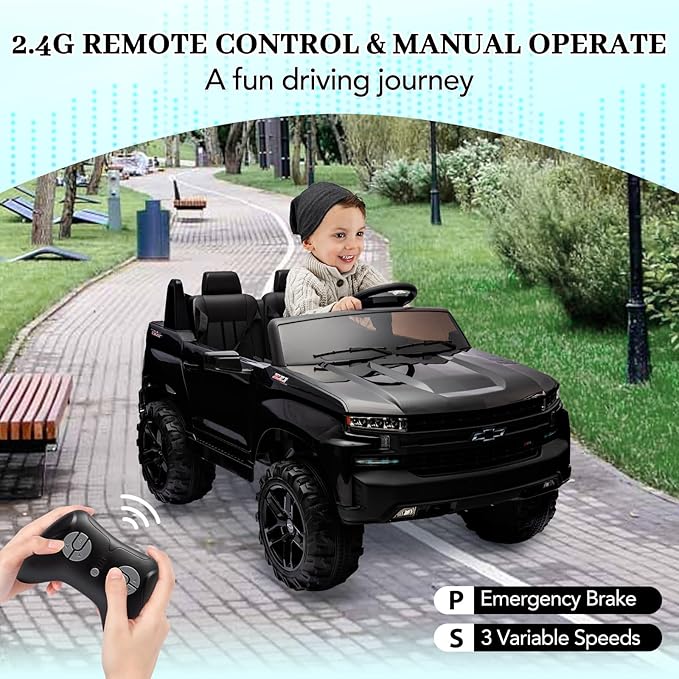 Hetoy 24V 2-Seater Truck Licensed Chevrolet Silverado Ride On Car Toy w/Parent Remote Control,4xSpring Suspension, 3 Speeds, Wireless Music, MP3 Player, Electric Vehicle Car for Kids, Black