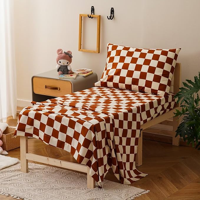 CLOTHKNOW 4 Pieces Plaid Toddler Bedding Sets for Boys, Brown Beige Bear Cartoon Pattern, Soft Crib Bed Set Including Comforter, Flat Sheet, Fitted Sheet and Pillowcase, Brown Beige