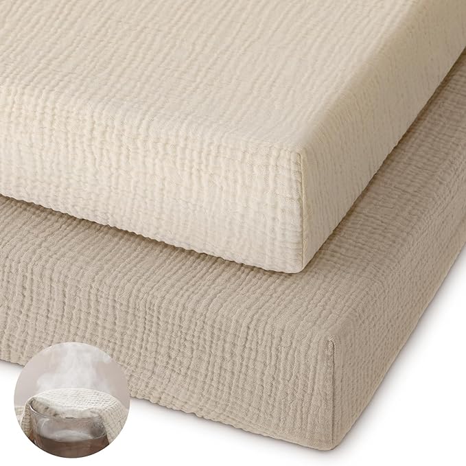 Muslin Pack and Play Sheets Fitted, 100% Cotton Mini Crib Sheets 2 Pack for Pack N Play Mattress, Stretchy Playard Sheet, Soft and Breathable Beige & Khaki