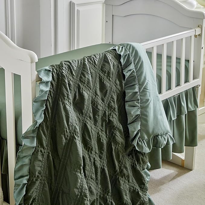 Ruffled Crib Bedding Set Baby Boho Quilted Comforter with Fitted Sheet and Bed Skirt - Cute Soft Breathable Seersucker Ruffled Shabby Chic Bedding Soft Blanket Design - Dark Green
