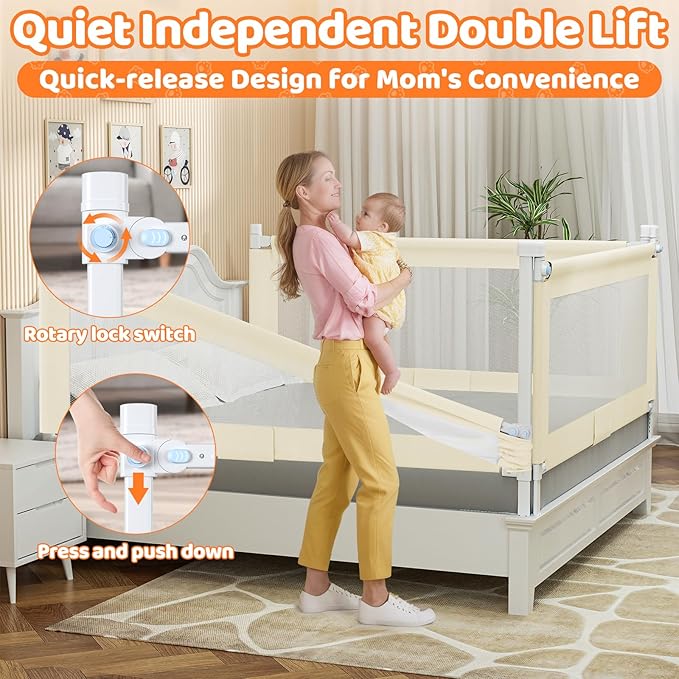 Bed Guard Rail for Toddlers - 1 Minute Quick Assembly & Double Side Lift with Safety Child Lock - Adjustable Height Baby Bed Rails for Queen King Full Size Bed(3 Packs, 78.74×78.74×74.8")