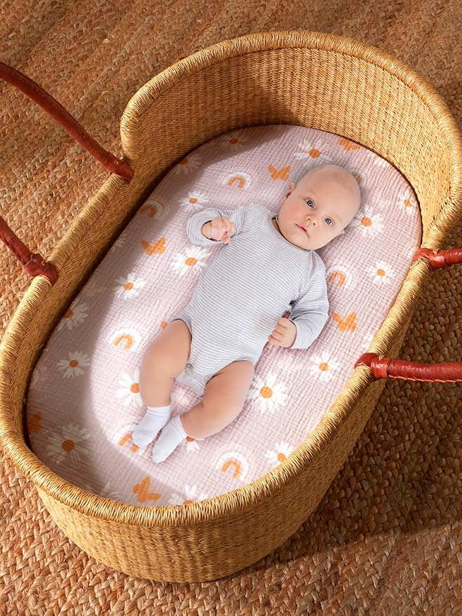TILLYOU Muslin Bassinet Sheets for Baby Boys Girls 3 Pack, Soft Breathable Elastic Cotton Bassinet Mattress Sheets, Fit Hourglass Oval Rectangle Cradle Mattress, 33"X17",Pink Butterfly