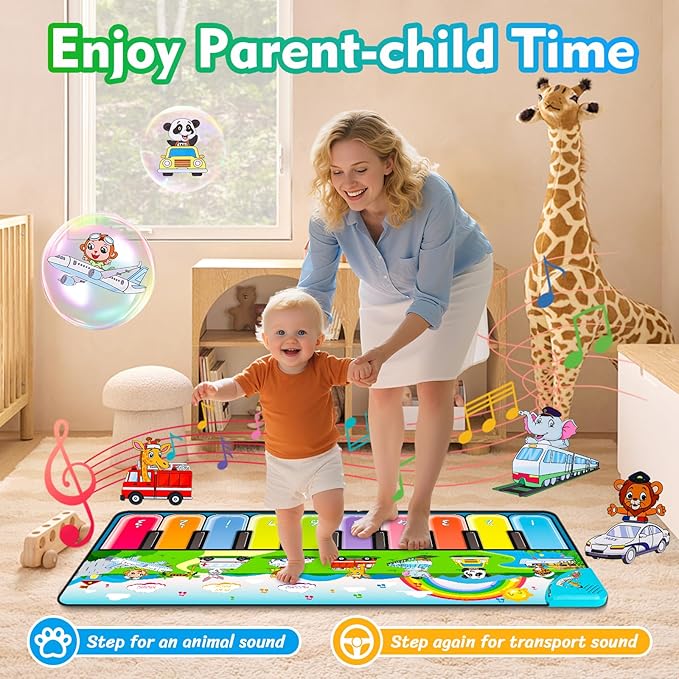 FUCEORUY Piano Mat Musical Toys for Toddlers 1-3, Sensory Learning Toy Floor Piano Playmat Toys for 1 2 Year Old Boy Girl Gifts, with 7 Animal, 7 Vehicle & 10 Songs Sound (Kids Edition)